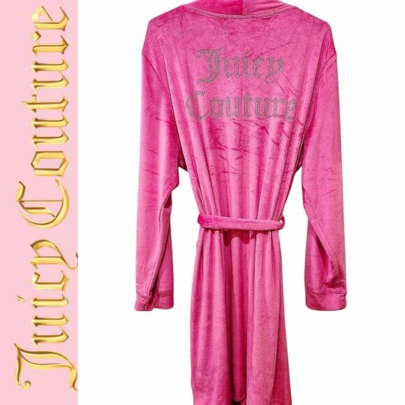 Juicy Couture Pink Rhinestone Logo Velour Robe- Pink Yarrow - Picture 1 of 5